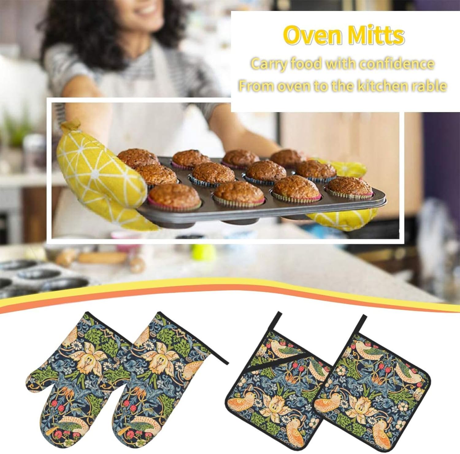 William Morris Strawberry Thief Floral Oven Mitts and Pot Holders Set - High Heat Resistant, Extra Thick Cotton Gloves for Cooking (4 Pieces)