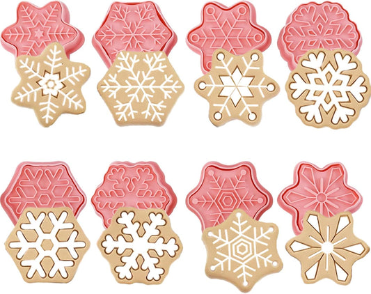 Winter Wonderland Cookie Cutter Set - 8 Pieces Snowflake Shape Biscuit Cutters with Plunger Stamps for DIY Christmas Treats