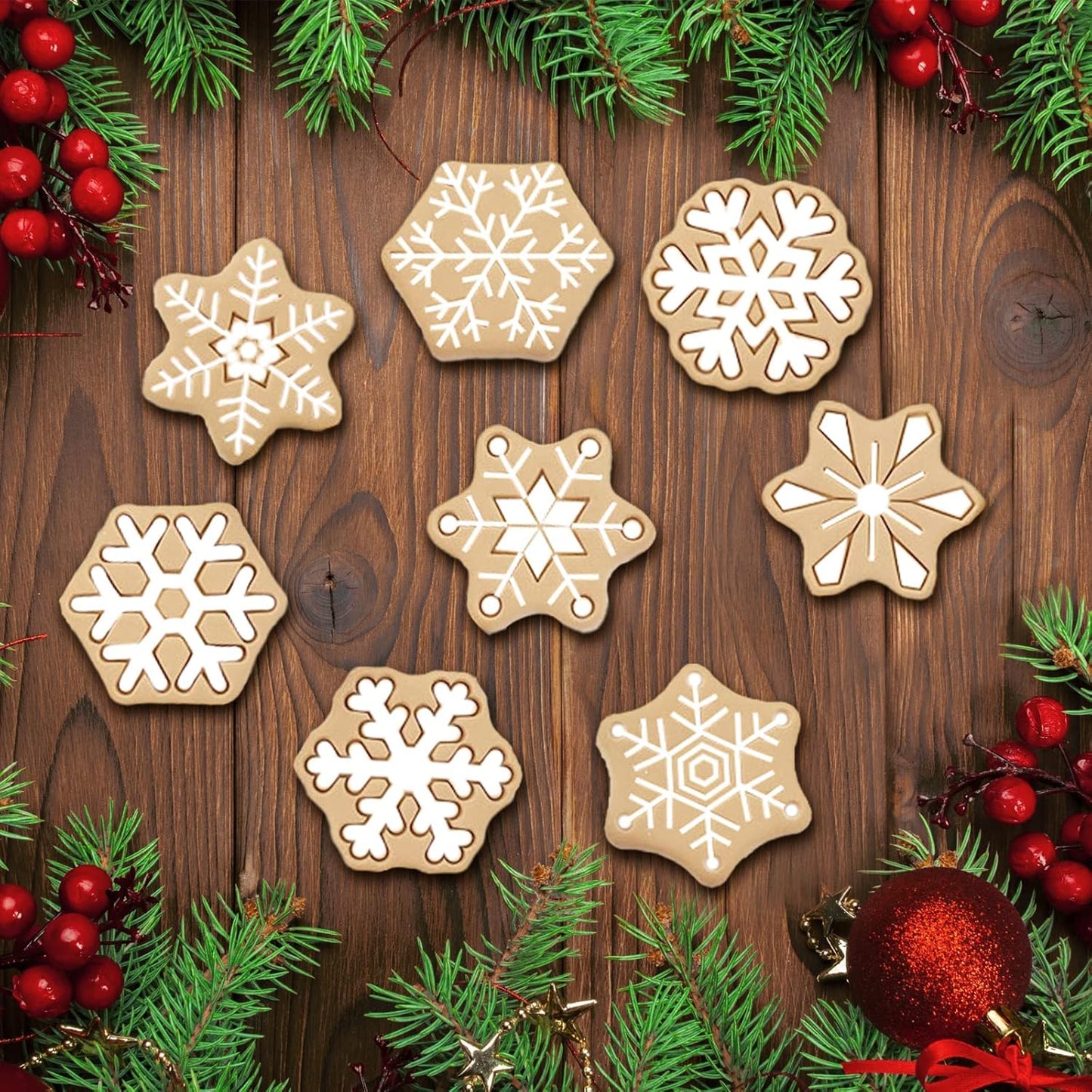 Winter Wonderland Cookie Cutter Set - 8 Pieces Snowflake Shape Biscuit Cutters with Plunger Stamps for DIY Christmas Treats