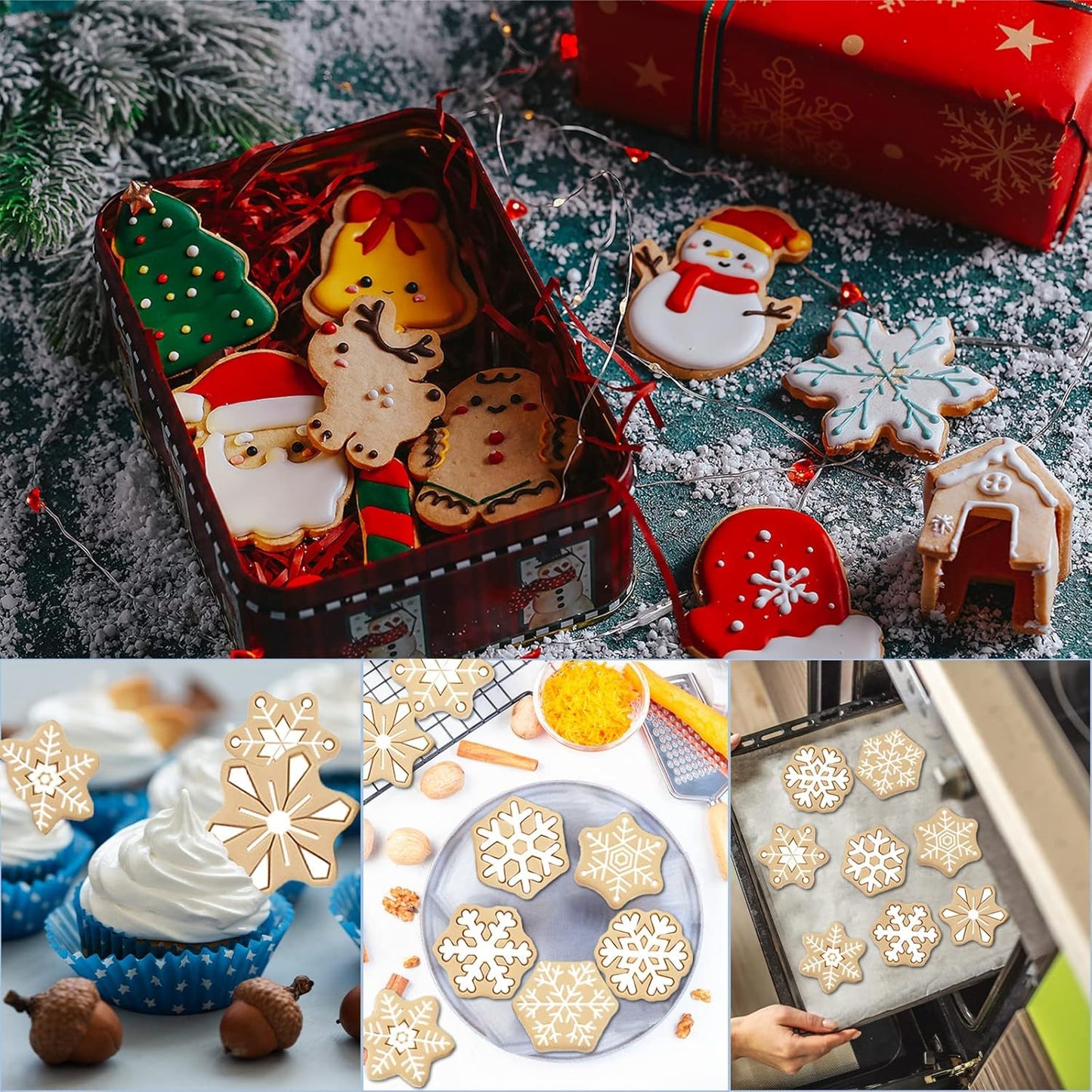 Winter Wonderland Cookie Cutter Set - 8 Pieces Snowflake Shape Biscuit Cutters with Plunger Stamps for DIY Christmas Treats