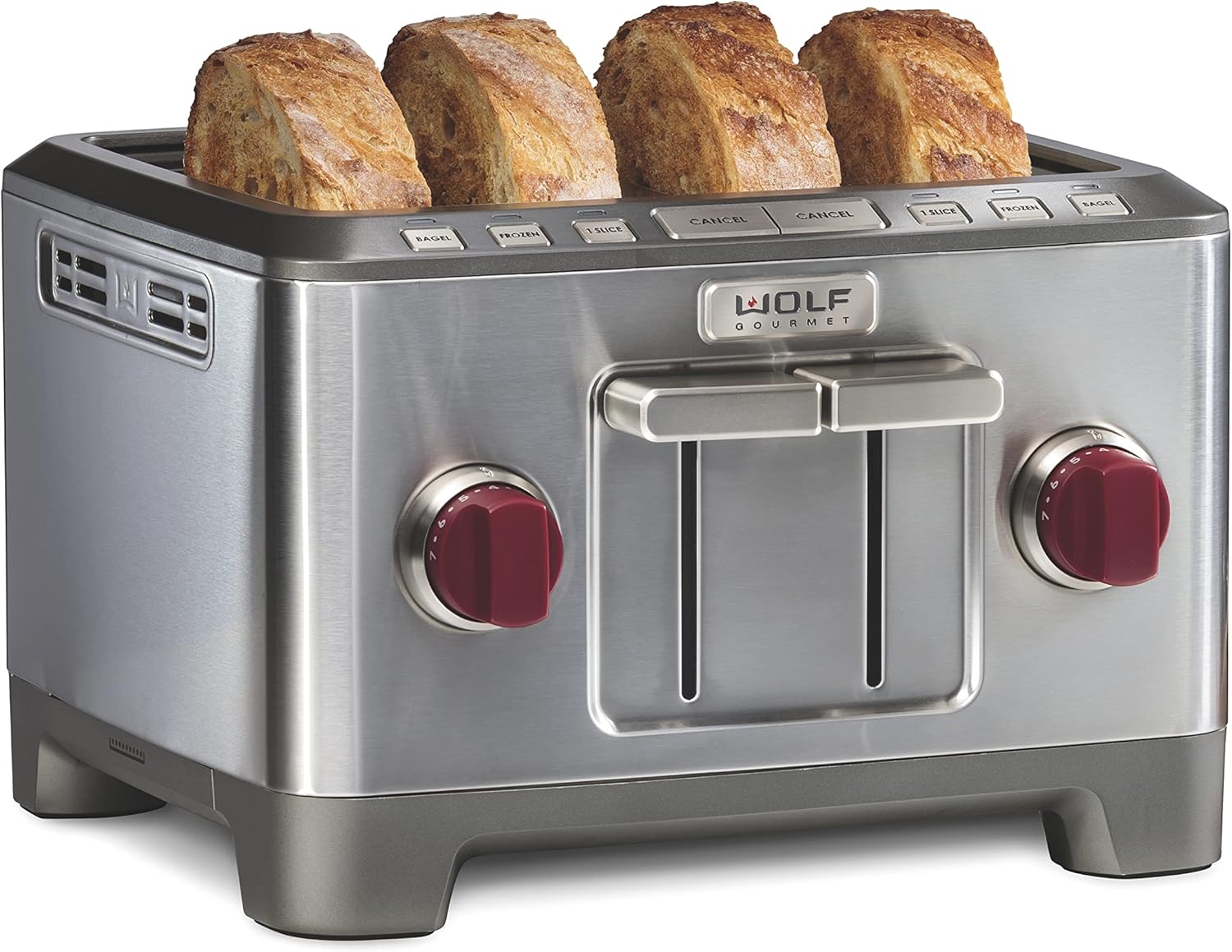 Wolf Gourmet 4-Slice Toaster with Shade Selector, Bagel & Defrost Settings, Stainless Steel - Red Knob