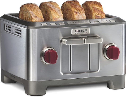 Wolf Gourmet 4-Slice Toaster with Shade Selector, Bagel & Defrost Settings, Stainless Steel - Red Knob