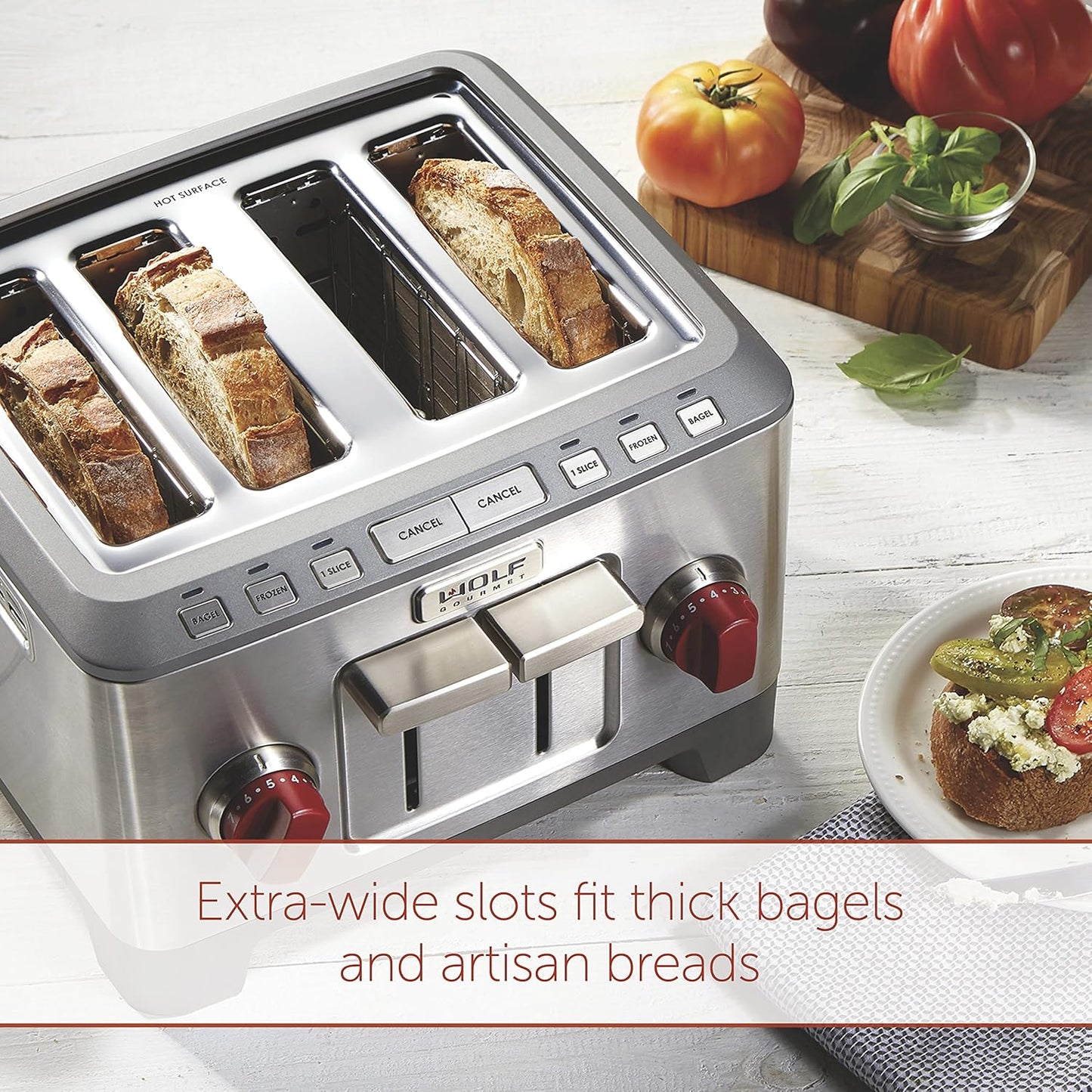 Wolf Gourmet 4-Slice Toaster with Shade Selector, Bagel & Defrost Settings, Stainless Steel - Red Knob