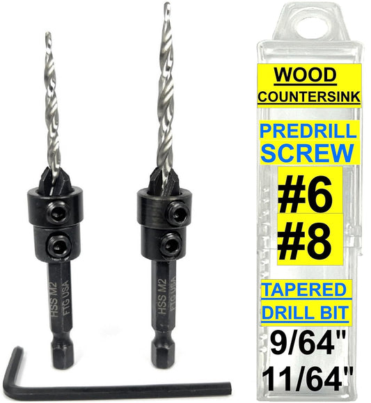 Wood Countersink Drill Bit Set with Adjustable #6#8 Bits, Tapered Drills for Woodworking, Includes Storage Container