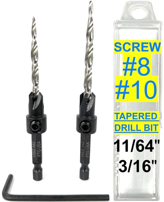 Wood Countersink Drill Bit Set with Adjustable #8 and #10 Bits, Tapered Drills for Woodworking in Storage Case