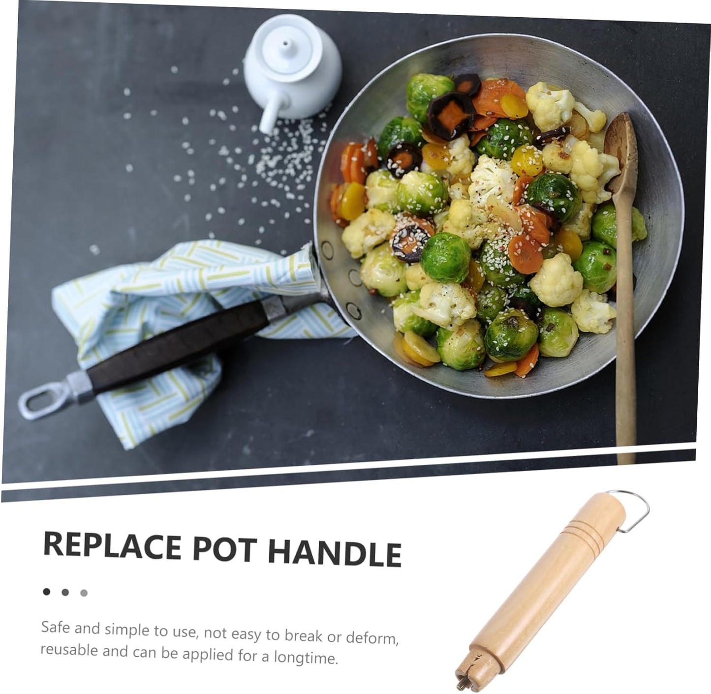 Wooden Pan Handle Replacement - Stainless Steel Pot Grip for Cookware - Anti-Scalding Fry Grip - Pot Holder for Frying Pan