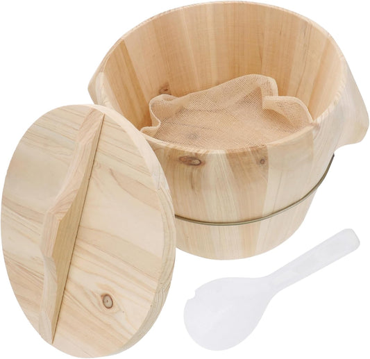 Wooden Steamed Rice Basket with Flat Lid - Natural Rice Steamer for Kitchen - 1 Piece