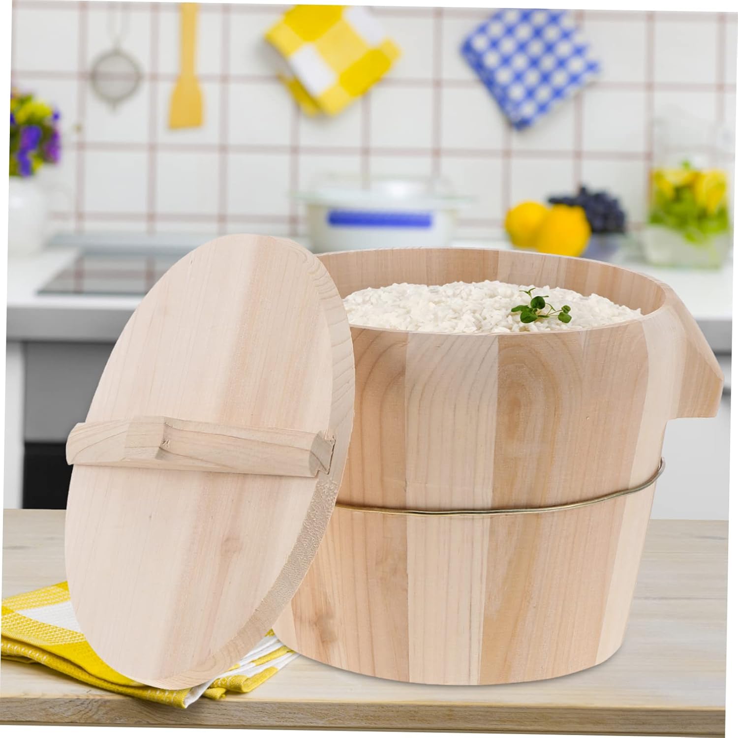 Wooden Steamed Rice Basket with Flat Lid - Natural Rice Steamer for Kitchen - 1 Piece