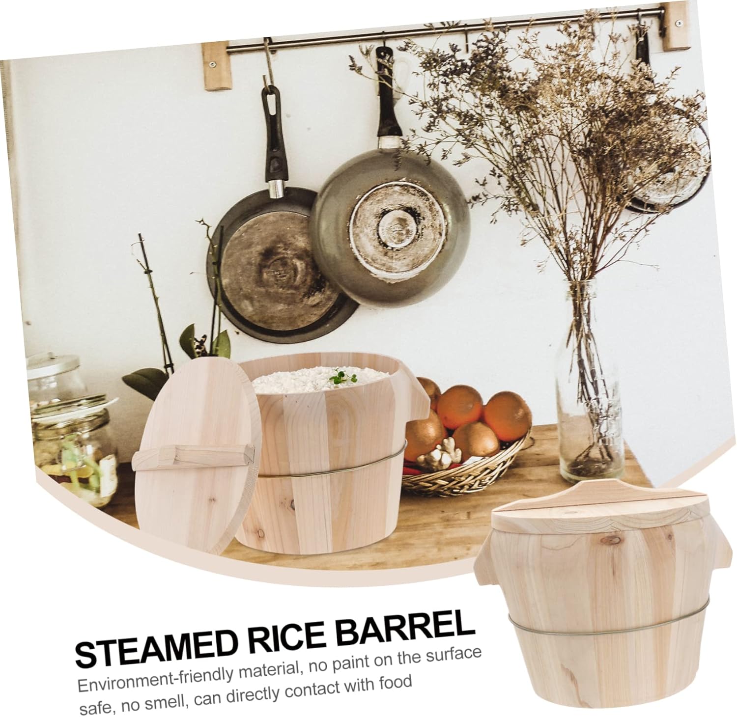 Wooden Steamed Rice Basket with Flat Lid - Natural Rice Steamer for Kitchen - 1 Piece