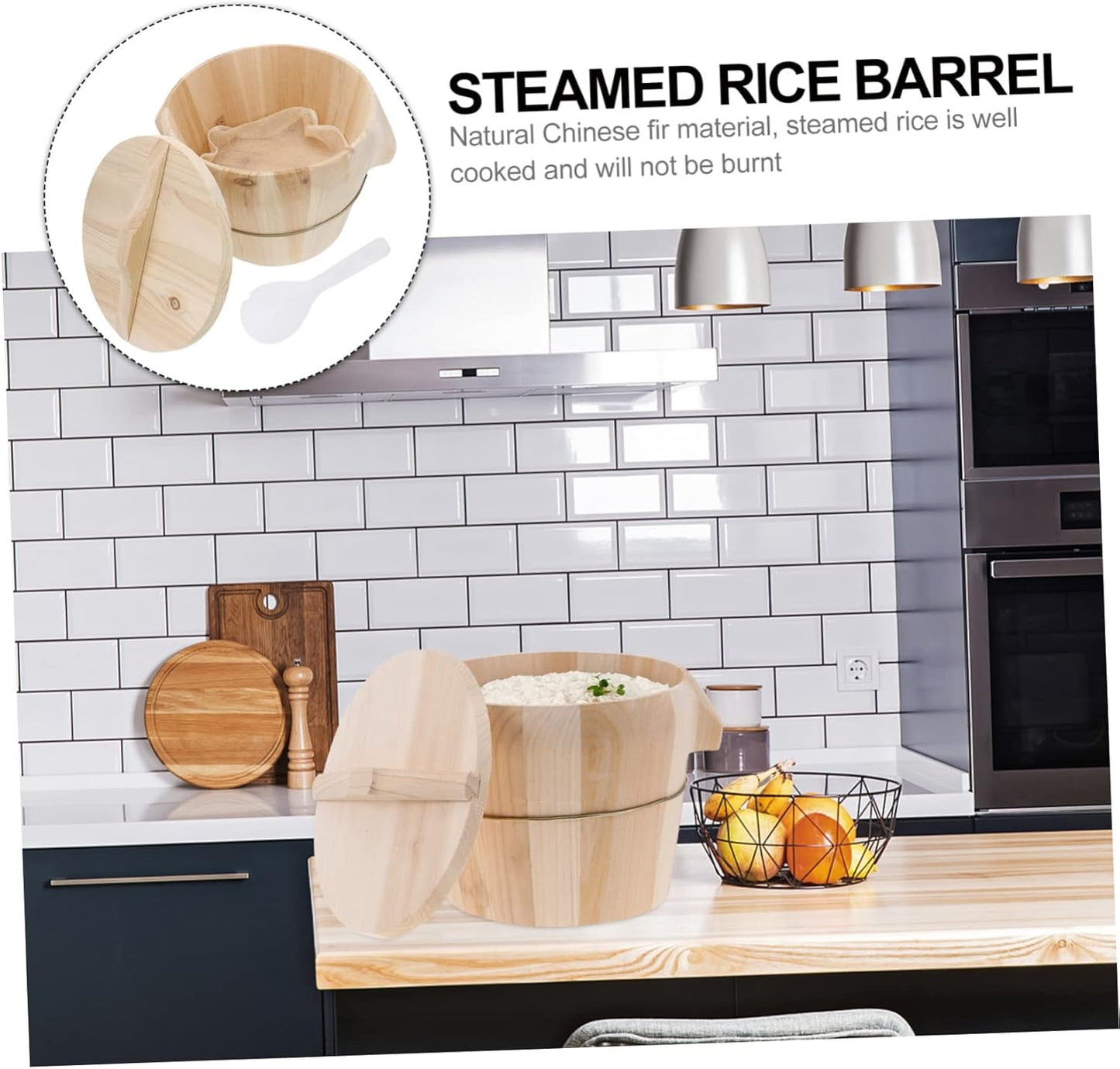 Wooden Steamed Rice Basket with Flat Lid - Natural Rice Steamer for Kitchen - 1 Piece