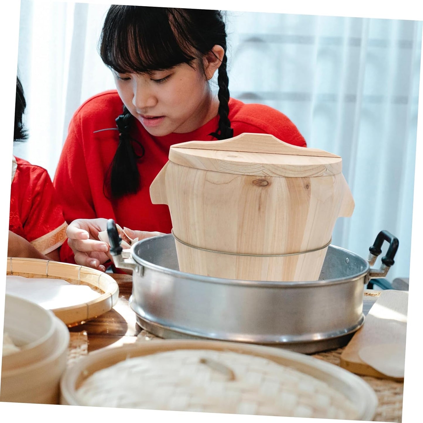 Wooden Steamed Rice Basket with Flat Lid - Natural Rice Steamer for Kitchen - 1 Piece