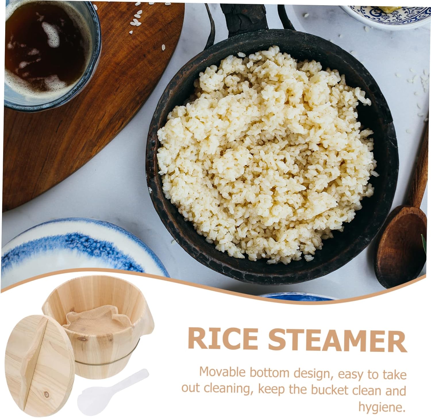 Wooden Steamed Rice Basket with Flat Lid - Natural Rice Steamer for Kitchen - 1 Piece