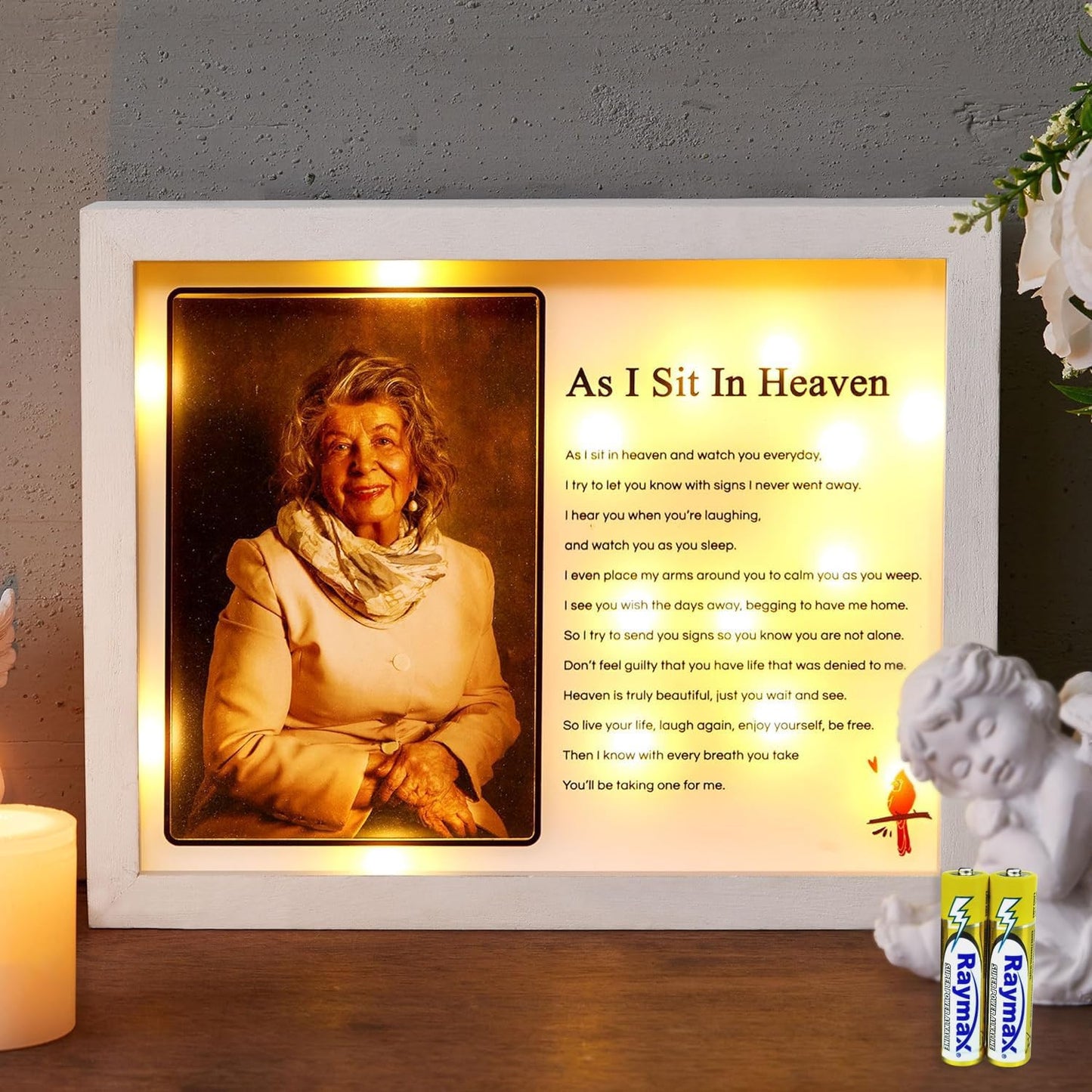 WOODEXPE LED Memorial Shadow Box Picture Frame for Sympathy Gift - Loss of Loved One - 4x6 Photo - As I Sit in Heaven White