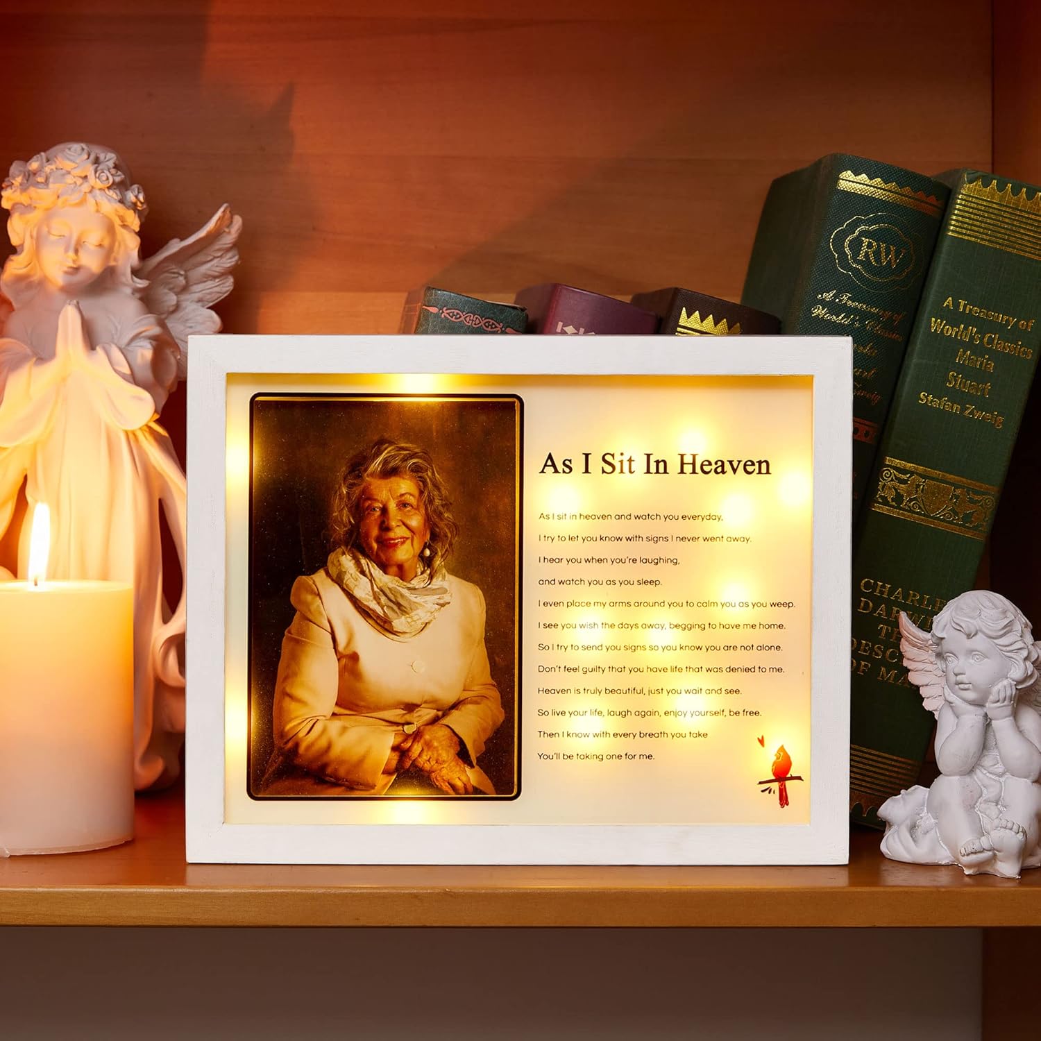 WOODEXPE LED Memorial Shadow Box Picture Frame for Sympathy Gift - Loss of Loved One - 4x6 Photo - As I Sit in Heaven White