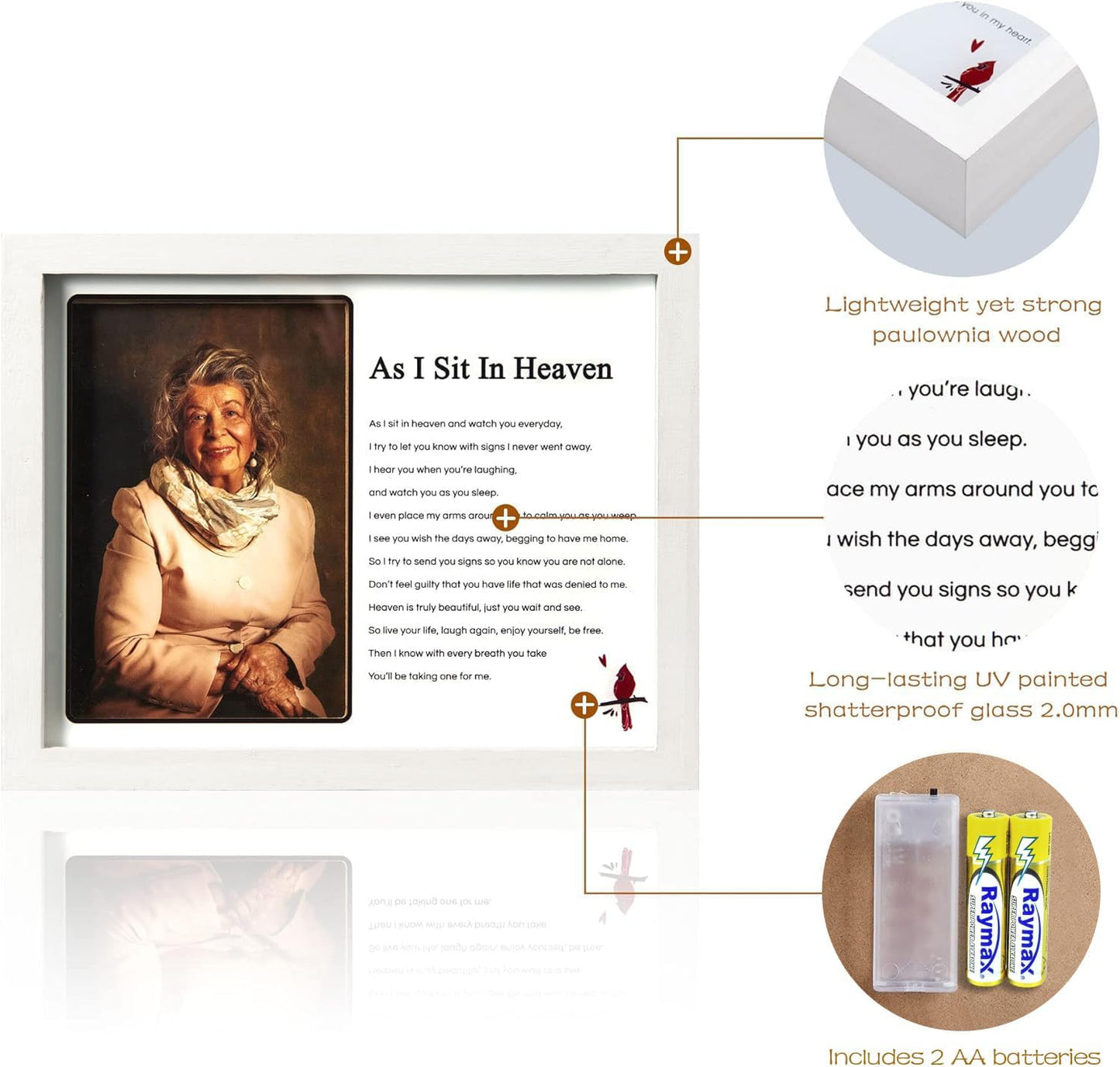 WOODEXPE LED Memorial Shadow Box Picture Frame for Sympathy Gift - Loss of Loved One - 4x6 Photo - As I Sit in Heaven White
