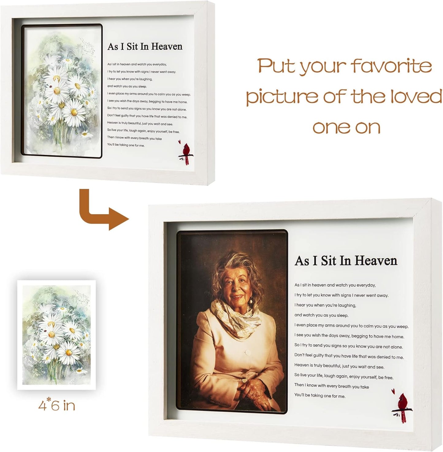 WOODEXPE LED Memorial Shadow Box Picture Frame for Sympathy Gift - Loss of Loved One - 4x6 Photo - As I Sit in Heaven White