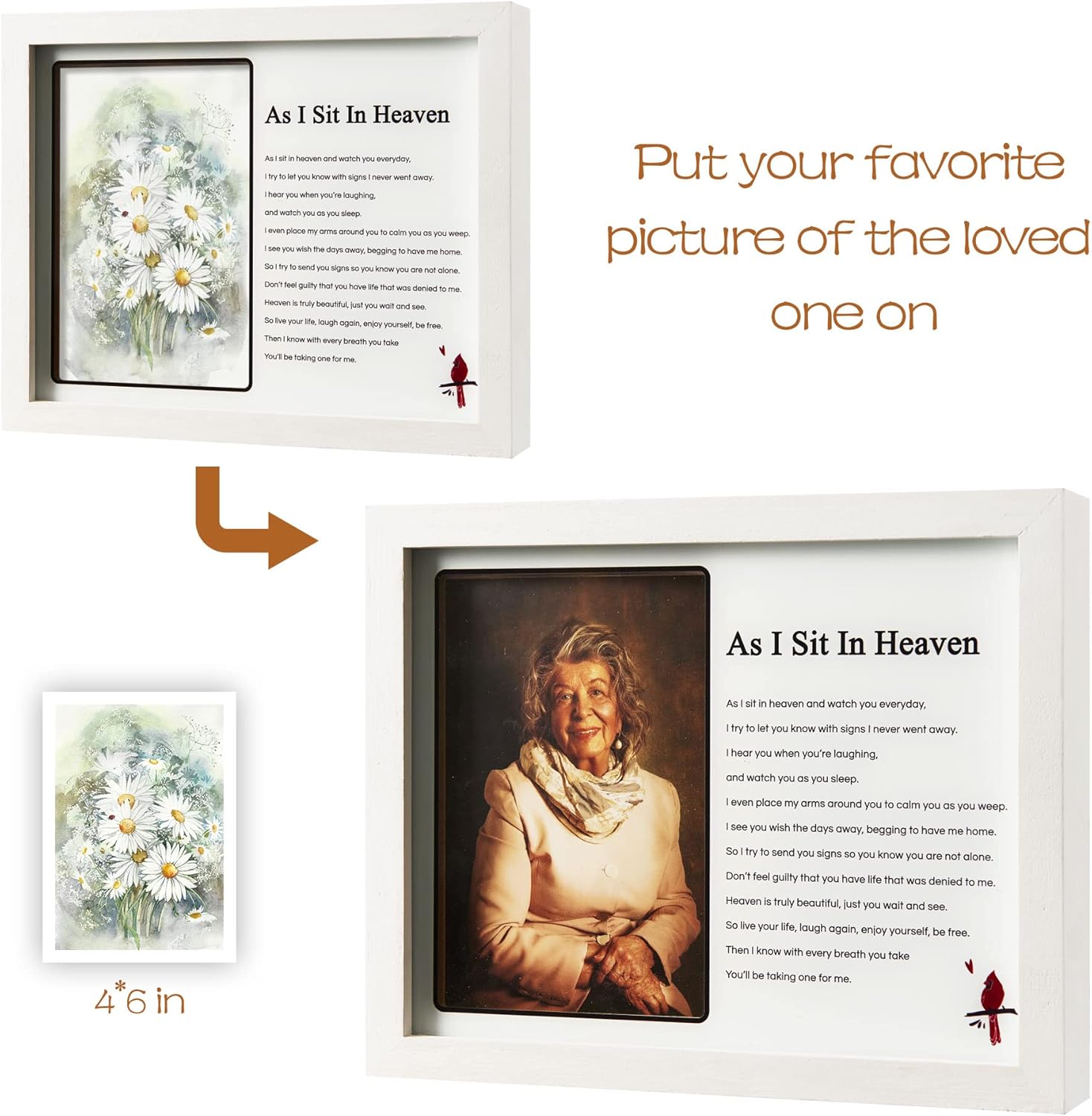 WOODEXPE LED Memorial Shadow Box Picture Frame for Sympathy Gift - Loss of Loved One - 4x6 Photo - As I Sit in Heaven White