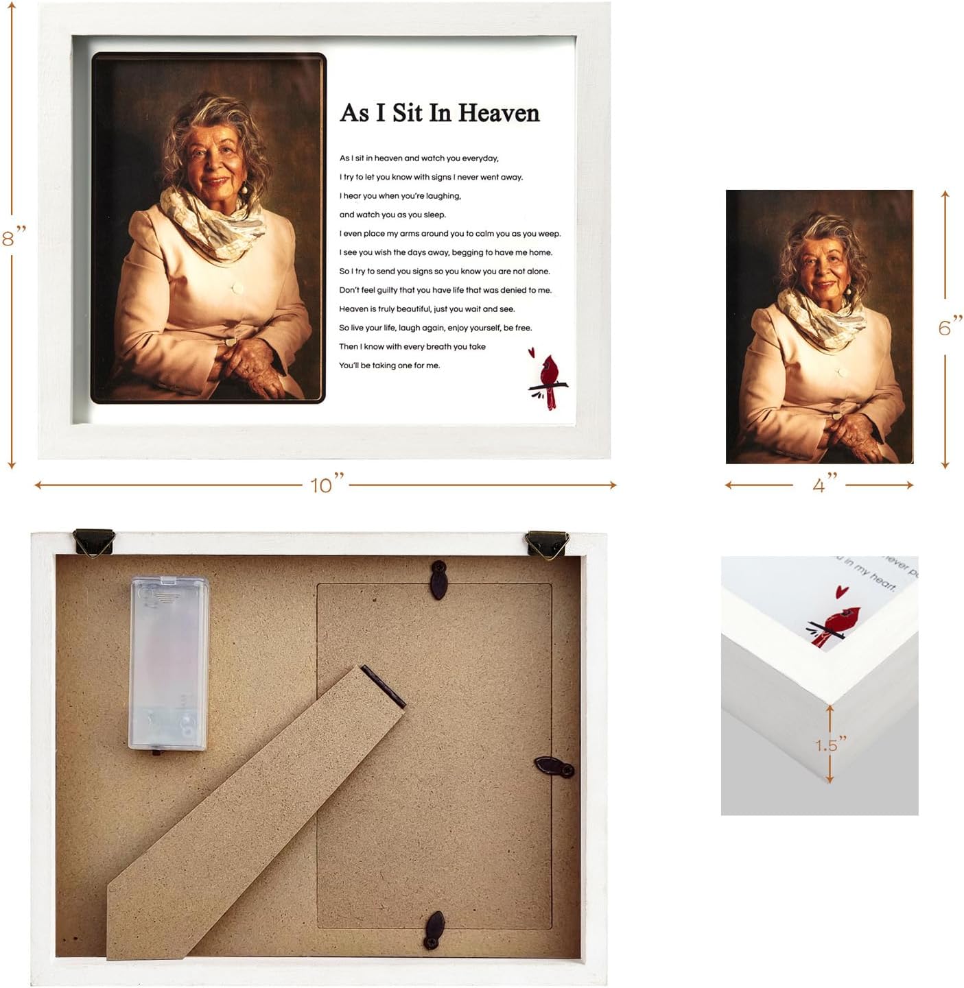 WOODEXPE LED Memorial Shadow Box Picture Frame for Sympathy Gift - Loss of Loved One - 4x6 Photo - As I Sit in Heaven White