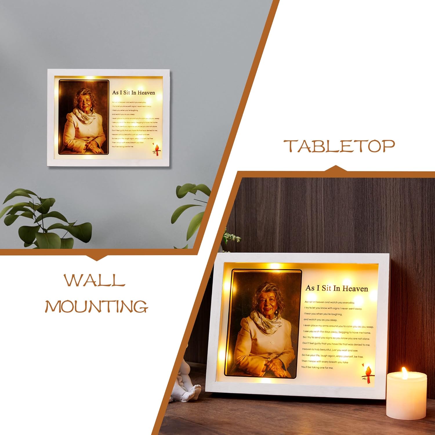 WOODEXPE LED Memorial Shadow Box Picture Frame for Sympathy Gift - Loss of Loved One - 4x6 Photo - As I Sit in Heaven White