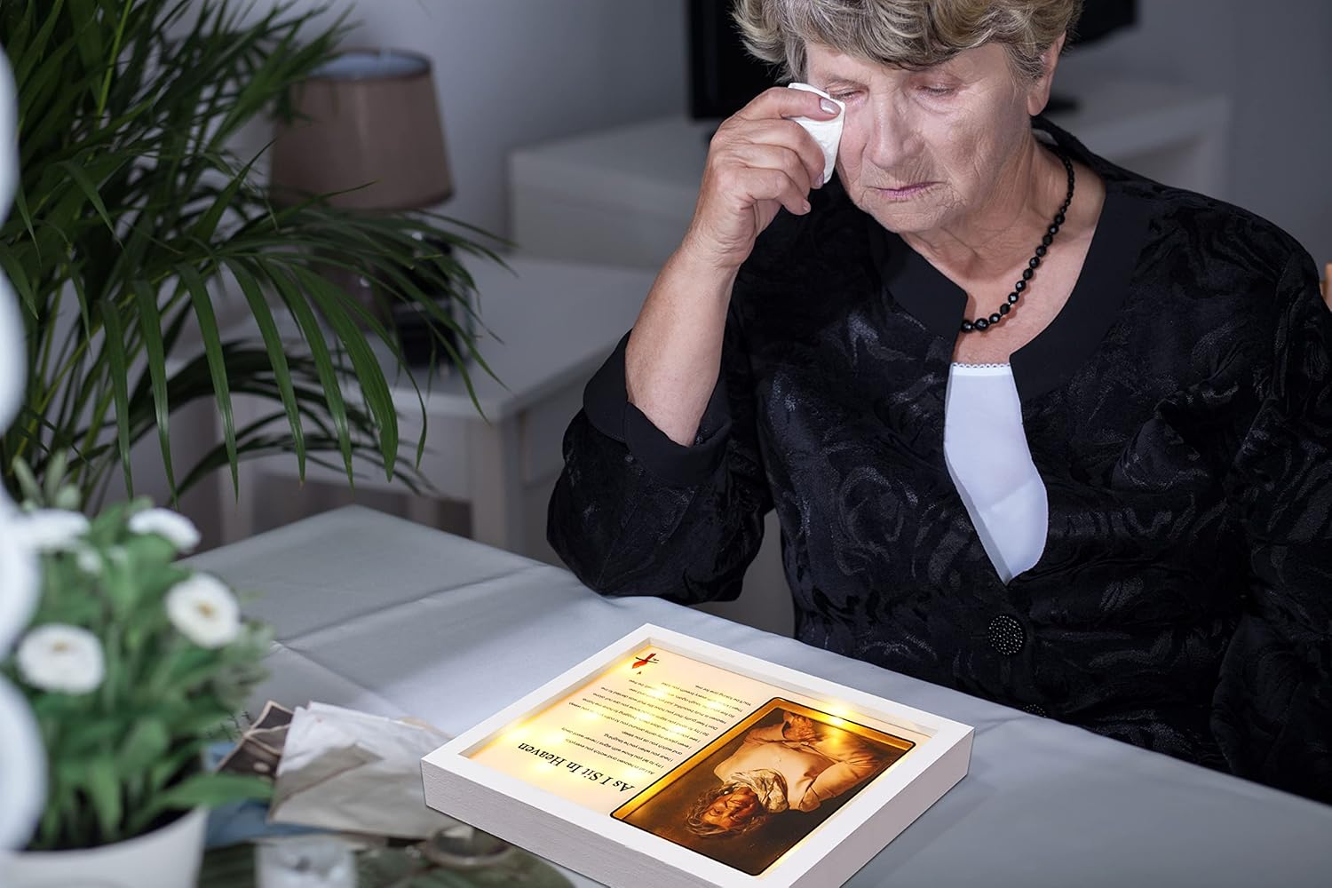 WOODEXPE LED Memorial Shadow Box Picture Frame for Sympathy Gift - Loss of Loved One - 4x6 Photo - As I Sit in Heaven White