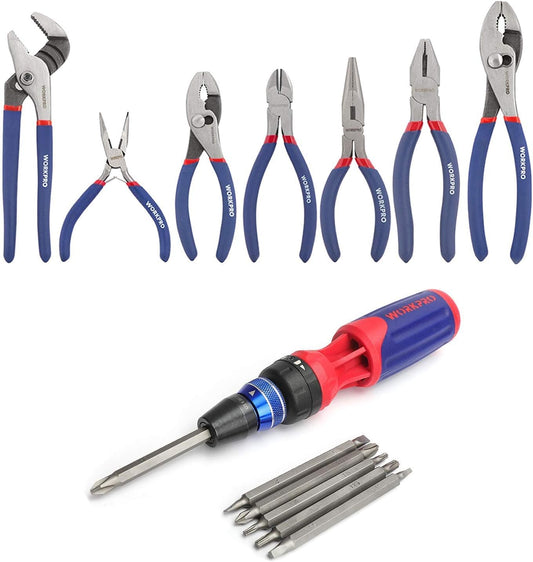 WORKPRO 12-in-1 Ratcheting Screwdriver with Quick-load Mechanism & 7-piece Pliers Set for DIY & Home