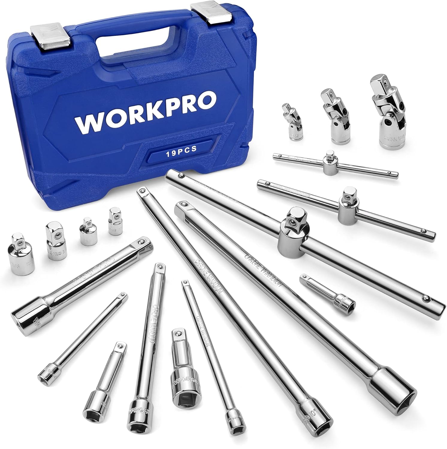 WORKPRO 19-Piece Drive Tool Accessory Set with Socket Adapters, Extensions, Universal Joints, Sliding Bar T-handle Wrench - Chrome Vanadium Steel