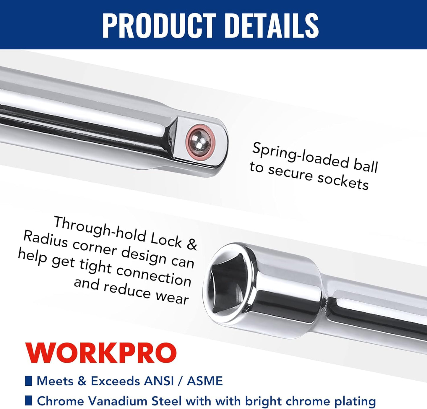 WORKPRO 19-Piece Drive Tool Accessory Set with Socket Adapters, Extensions, Universal Joints, Sliding Bar T-handle Wrench - Chrome Vanadium Steel