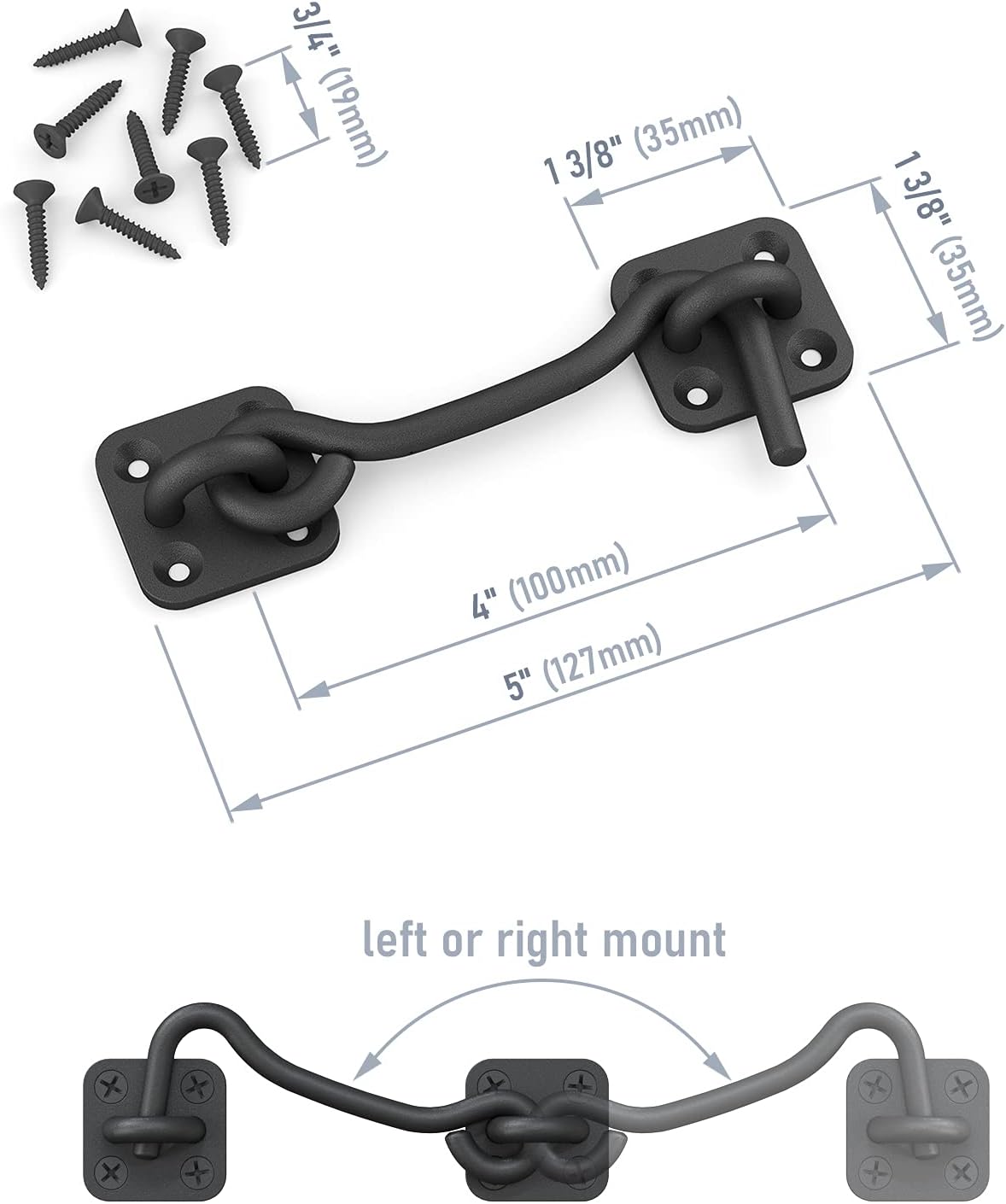 Wrought Iron Barn Door Latch with Hook for Sliding Doors & Fences - Heavy Duty Gate Lock for Shed, Garage - Black Finish