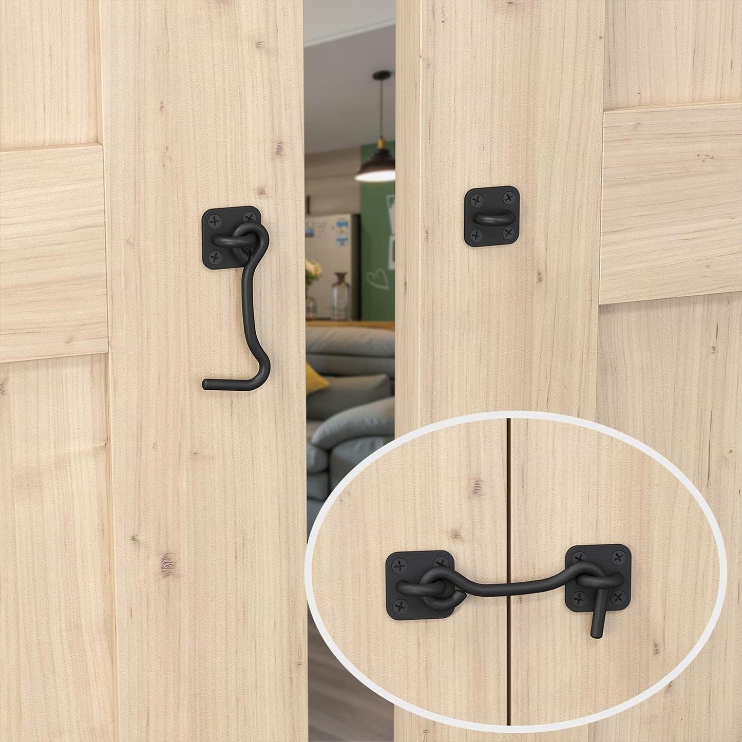 Wrought Iron Barn Door Latch with Hook for Sliding Doors & Fences - Heavy Duty Gate Lock for Shed, Garage - Black Finish