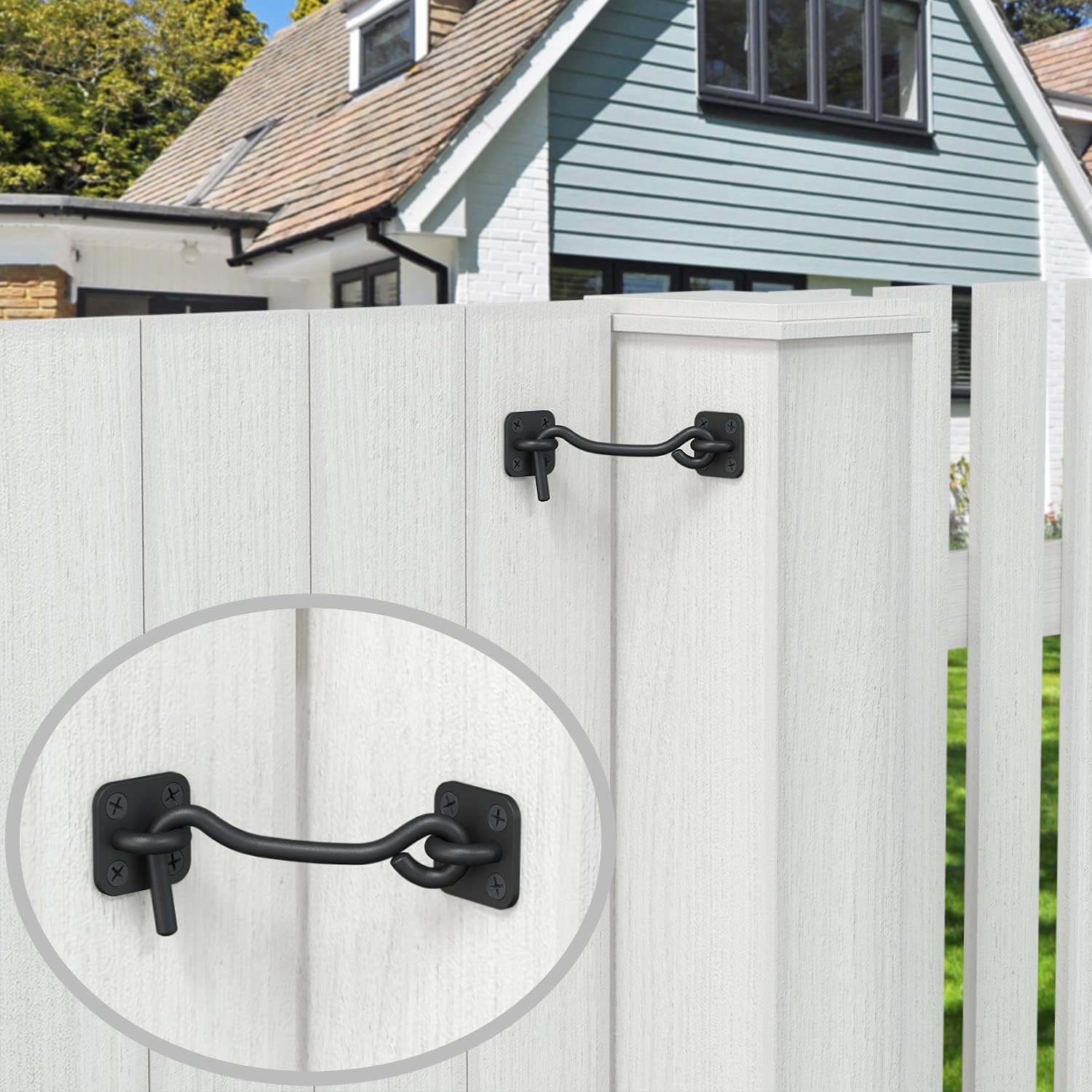 Wrought Iron Barn Door Latch with Hook for Sliding Doors & Fences - Heavy Duty Gate Lock for Shed, Garage - Black Finish