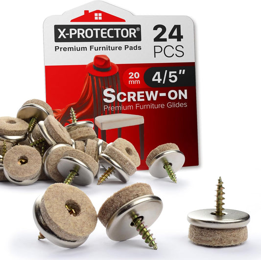 X-Protector 24 Pack Beige Felt Chair Pads - Premium Furniture Sliders for Hardwood Floors - 0.8" Screw-On Floor Protectors - Best Chair Glides