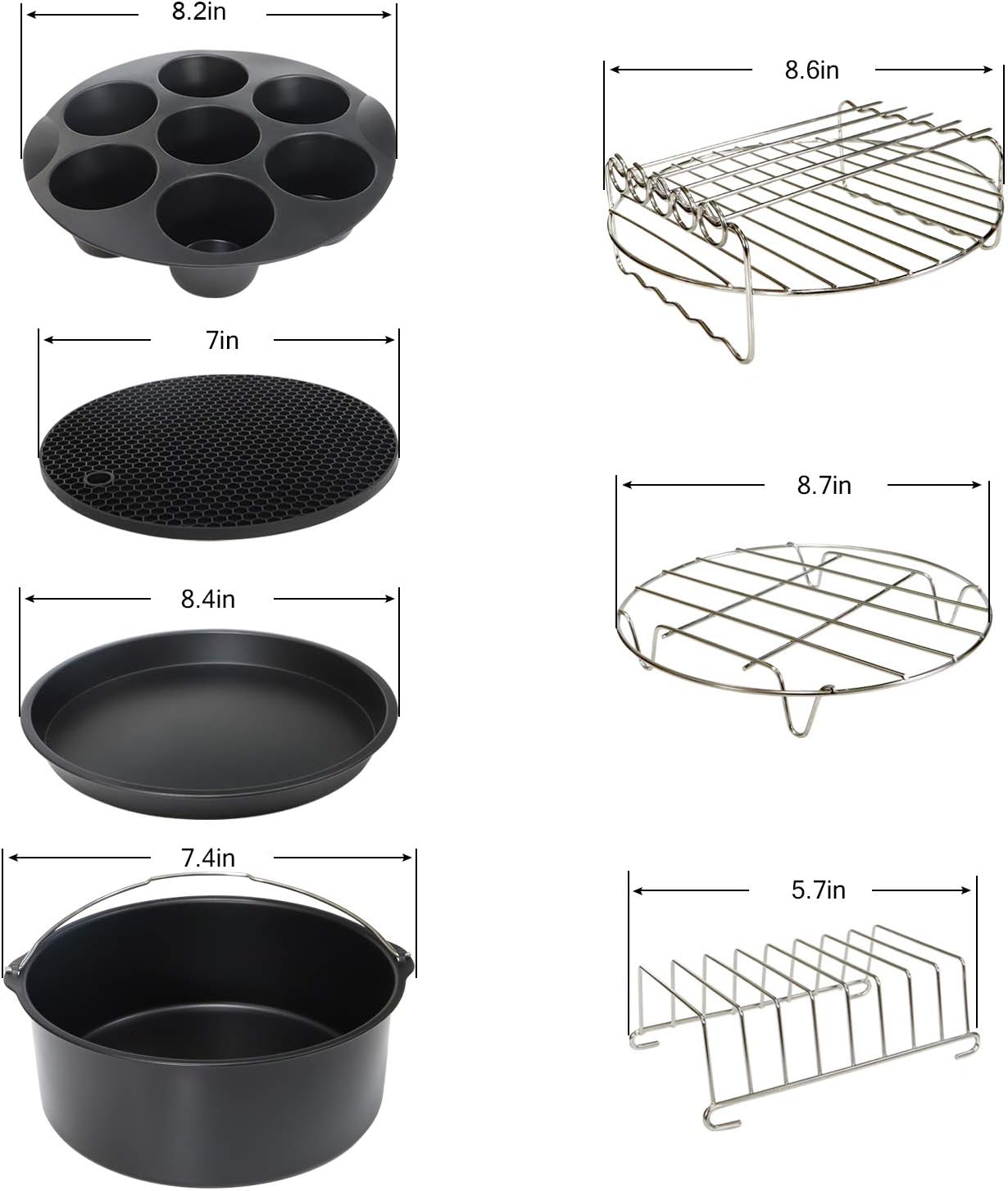 XL Air Fryer Accessories 8Pcs Set Compatible with Phillips 965X, Cozyna, Secura - Fits 5.3QT to 6.8QT Air Fryers