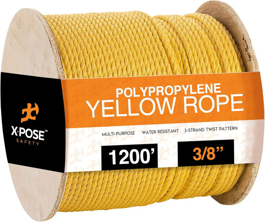 Xpose Safety Yellow Twisted Polypropylene Rope 1/4" x 1200' - Floating Poly Pro Cord Resistant to Oil, Moisture, Marine Growth, Chemicals - Reduced Slip, Easy Knot, Flexible