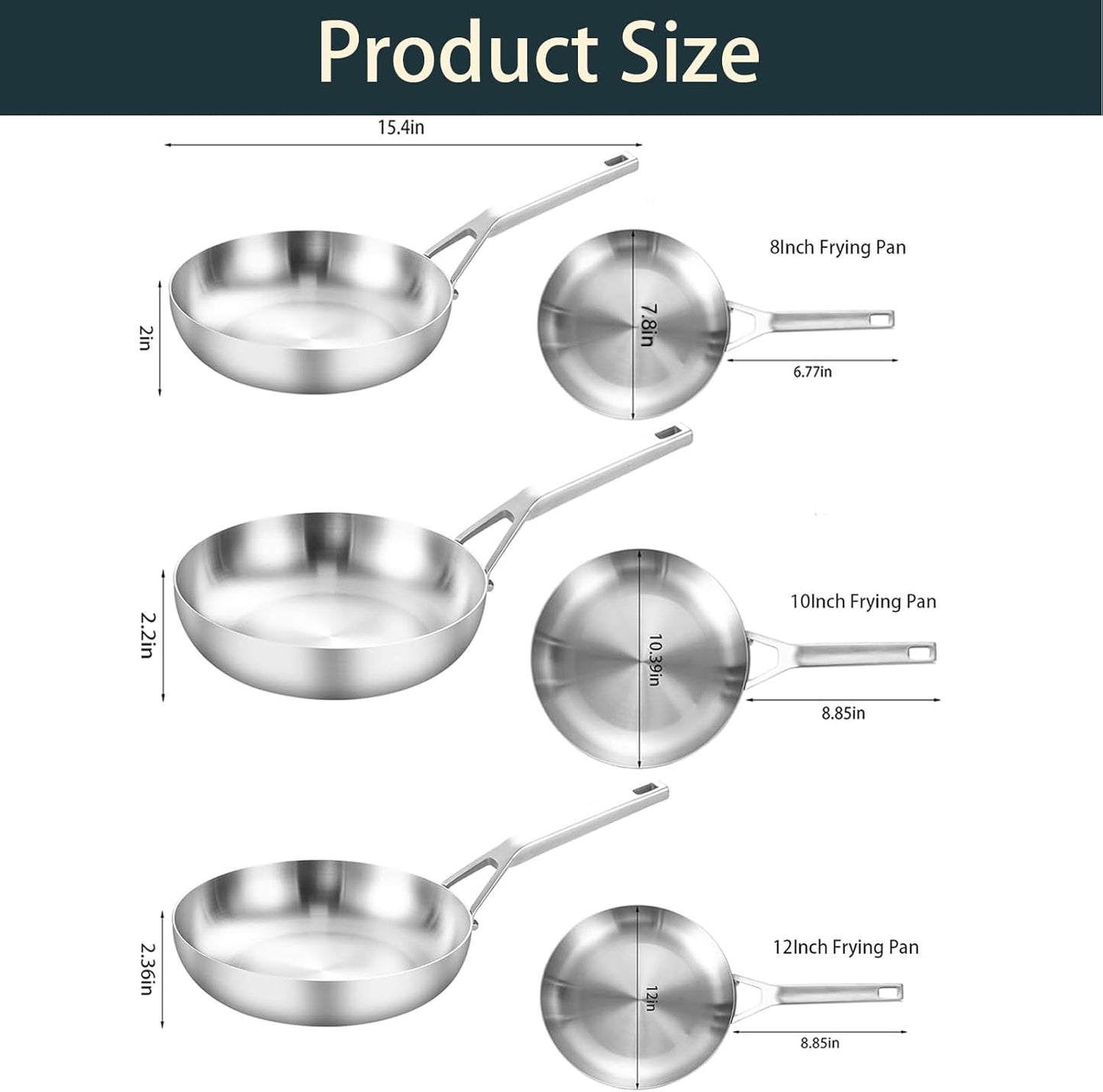 Yeksum Tri-Ply Stainless Steel Frying Pan Set, 8"+10"+12" Chef's Pan and Skillets - Induction Safe, Dishwasher and Oven Safe - Compatible with All Cooktops