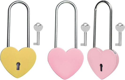 Yellow and Pink Heart Lock with Key, 3.5 Inches Gradleen Love Padlock for Lovelock Bridge, Jewelry Box, Diary, Card Box - Rubber Painted Metal Lock