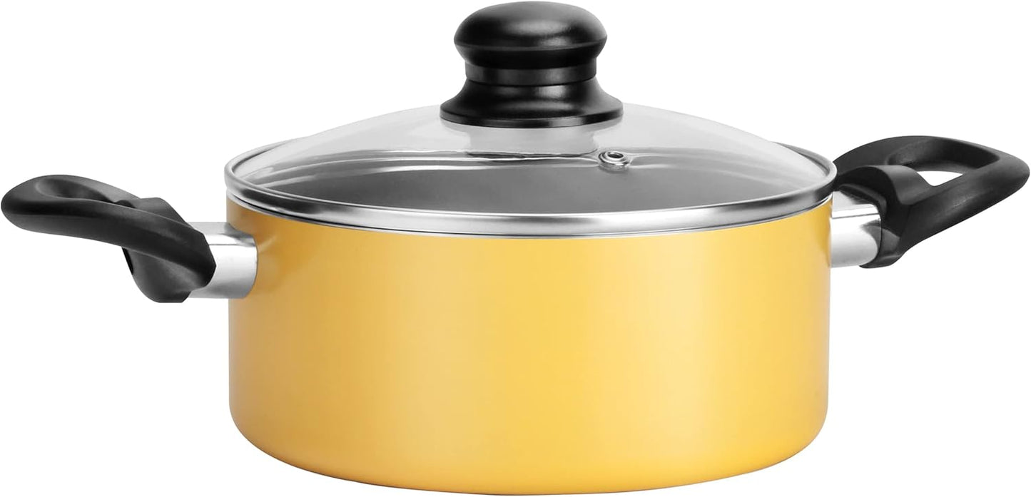 Yellow Ceramic Cookpot with Lid, 1.81 Quart Stylish Kitchen Cookware, Aluminum Alloy Pot, Tempered Glass Lid, Black Backlite Handles