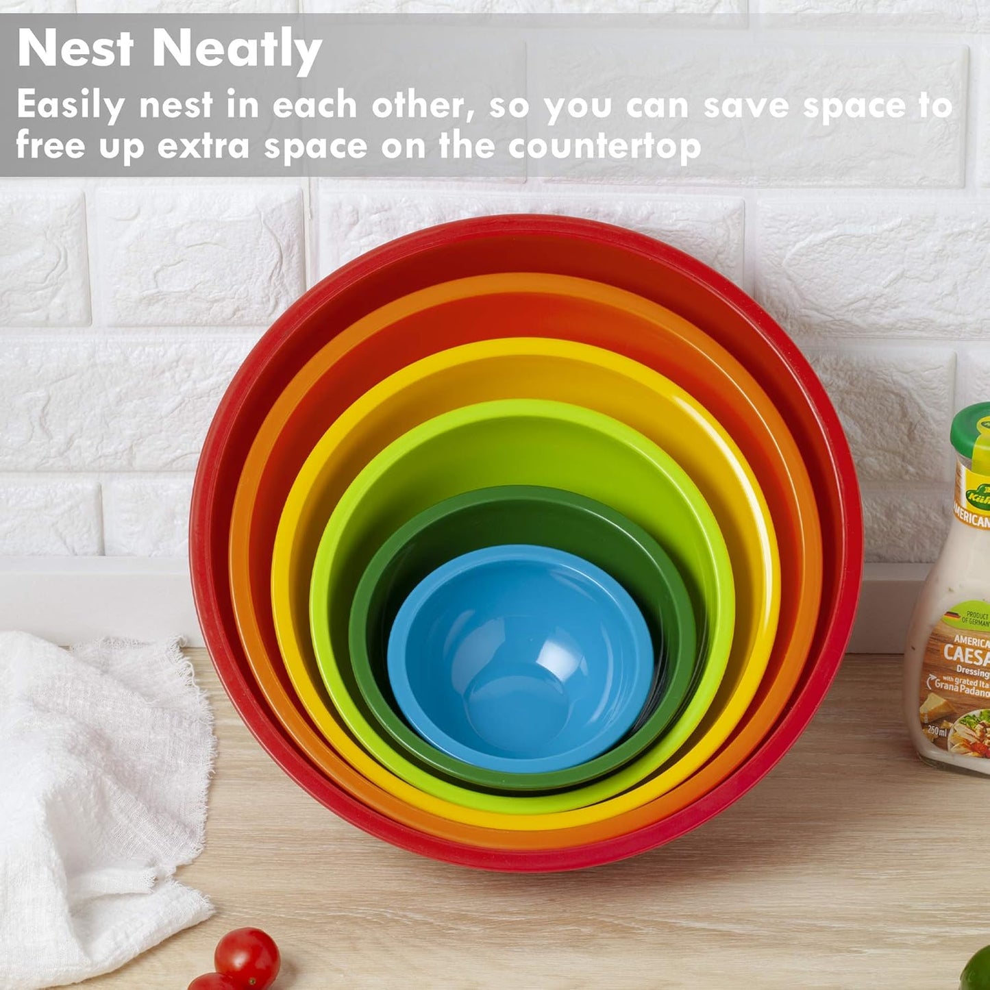 YIHONG Colorful Plastic Mixing Bowls Set - 6 Pieces, Ideal for Baking and Cooking, Nesting Design for Space Saving Storage - Rainbow Palette