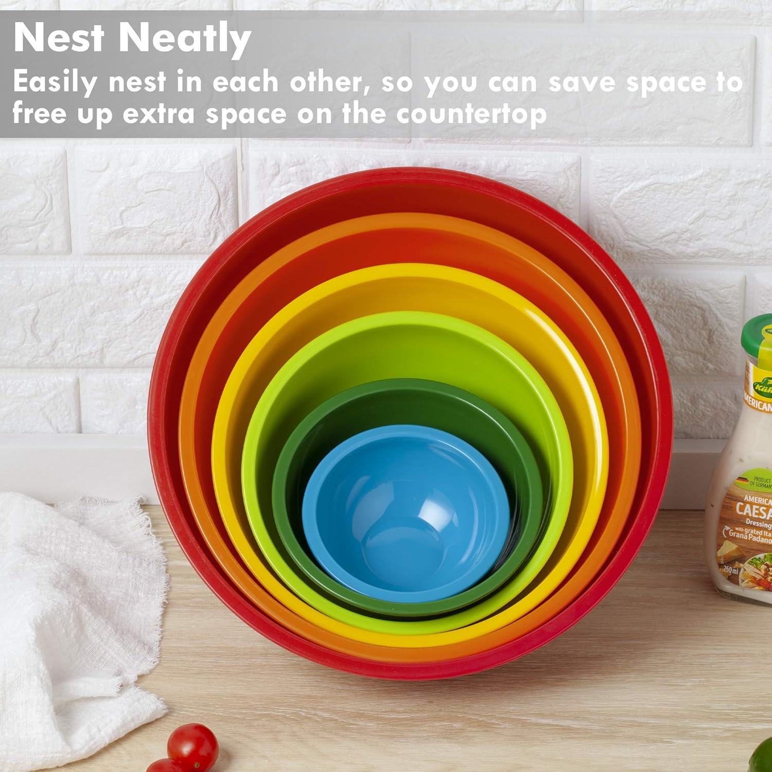 YIHONG Colorful Plastic Mixing Bowls Set - 6 Pieces, Ideal for Baking and Cooking, Nesting Design for Space Saving Storage - Rainbow Palette