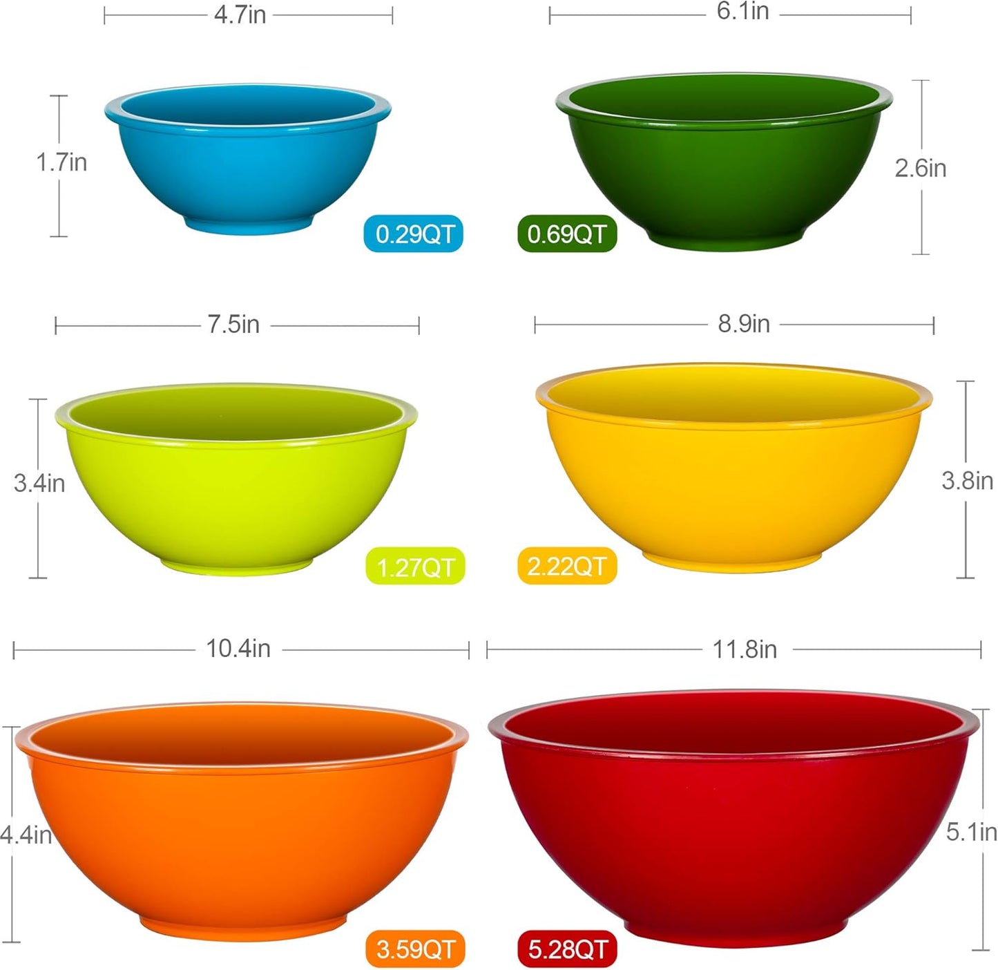 YIHONG Colorful Plastic Mixing Bowls Set - 6 Pieces, Ideal for Baking and Cooking, Nesting Design for Space Saving Storage - Rainbow Palette