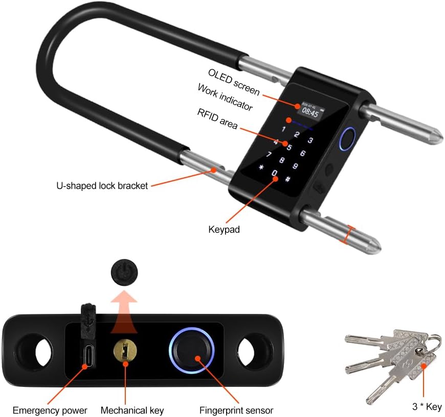 Yitoo Long U-Shaped Smart Combination Padlock with RFID Bluetooth Fingerprint - Adjustable Shackle for Outdoor Gates, Sheds, and Offices