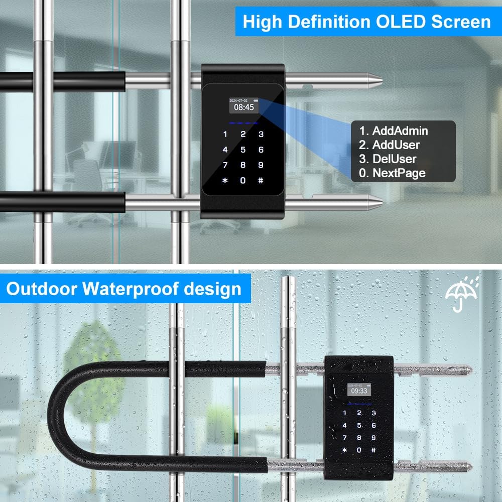 Yitoo Long U-Shaped Smart Combination Padlock with RFID Bluetooth Fingerprint - Adjustable Shackle for Outdoor Gates, Sheds, and Offices