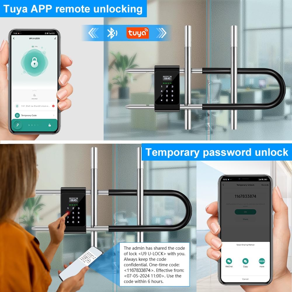 Yitoo Long U-Shaped Smart Combination Padlock with RFID Bluetooth Fingerprint - Adjustable Shackle for Outdoor Gates, Sheds, and Offices