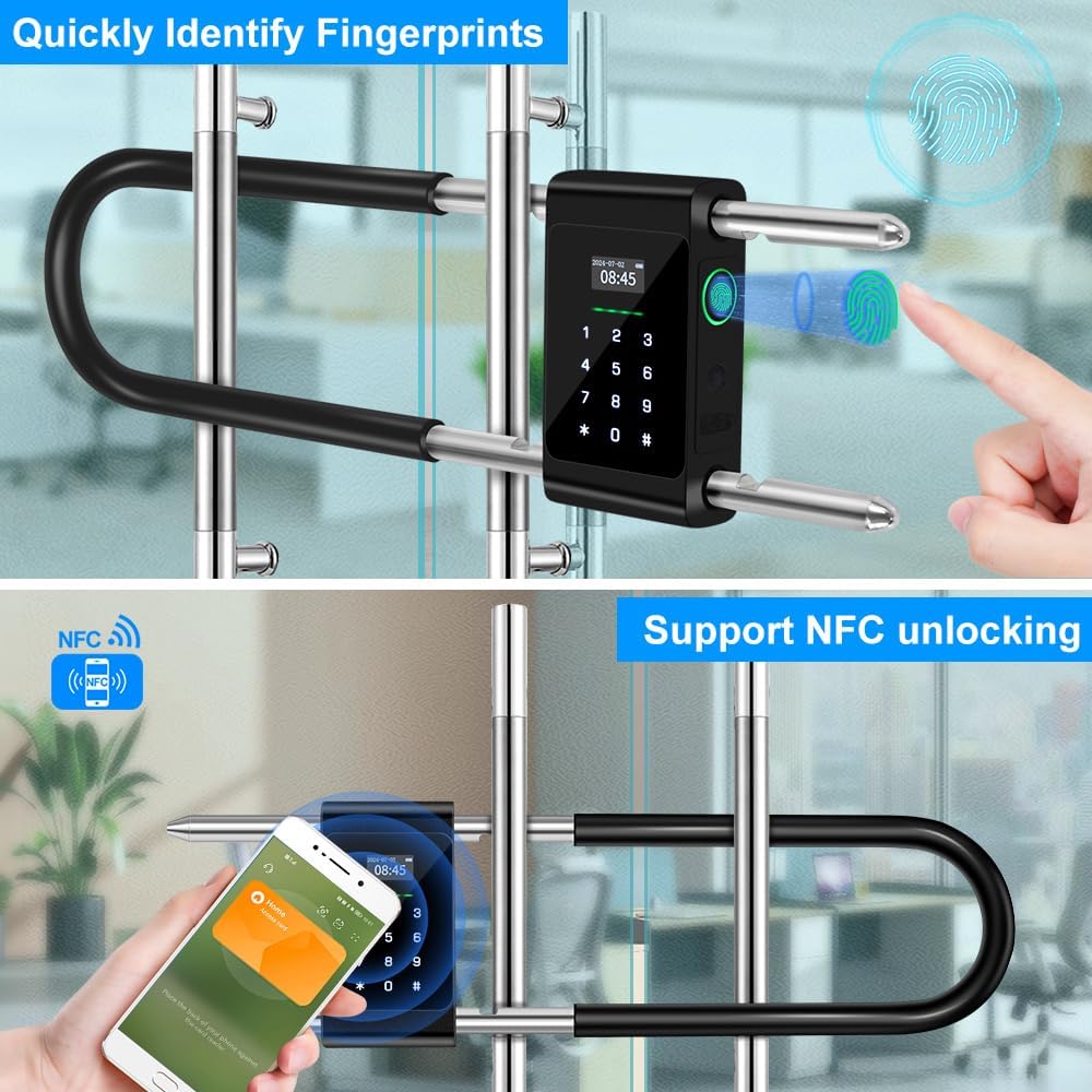Yitoo Long U-Shaped Smart Combination Padlock with RFID Bluetooth Fingerprint - Adjustable Shackle for Outdoor Gates, Sheds, and Offices