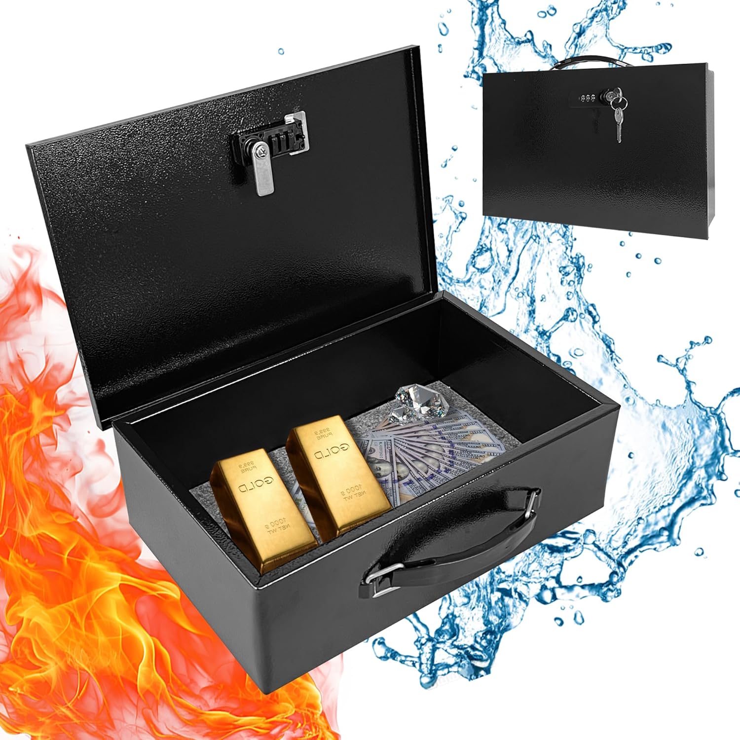 YIYITOOLS Fireproof Document Lock Box with Dual Combination and Key Lock - Black Fire Resistant Safe for Personal Items, Jewelry, Money - Portable Carrying Handle