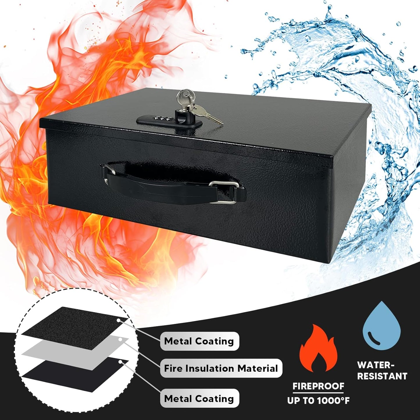 YIYITOOLS Fireproof Document Lock Box with Dual Combination and Key Lock - Black Fire Resistant Safe for Personal Items, Jewelry, Money - Portable Carrying Handle