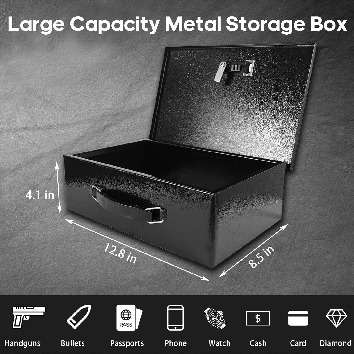 YIYITOOLS Fireproof Document Lock Box with Dual Combination and Key Lock - Black Fire Resistant Safe for Personal Items, Jewelry, Money - Portable Carrying Handle