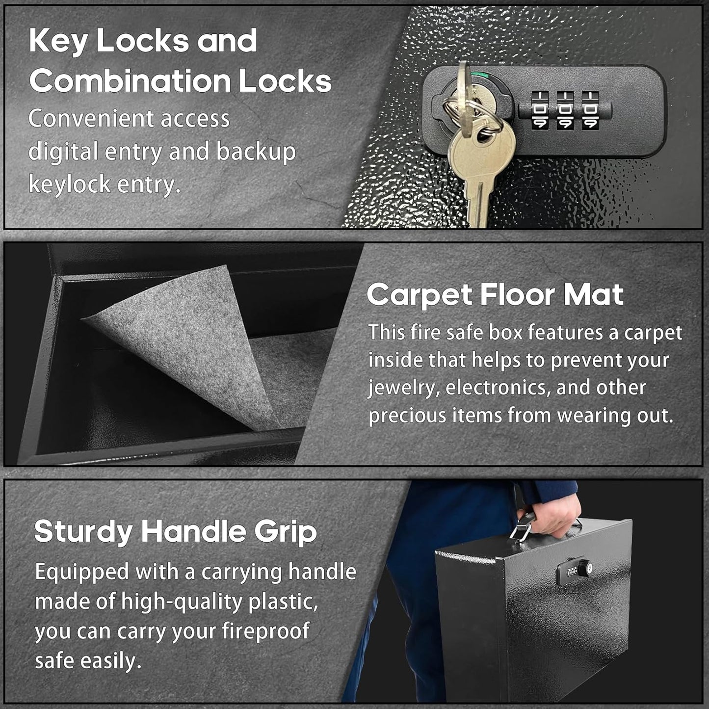 YIYITOOLS Fireproof Document Lock Box with Dual Combination and Key Lock - Black Fire Resistant Safe for Personal Items, Jewelry, Money - Portable Carrying Handle