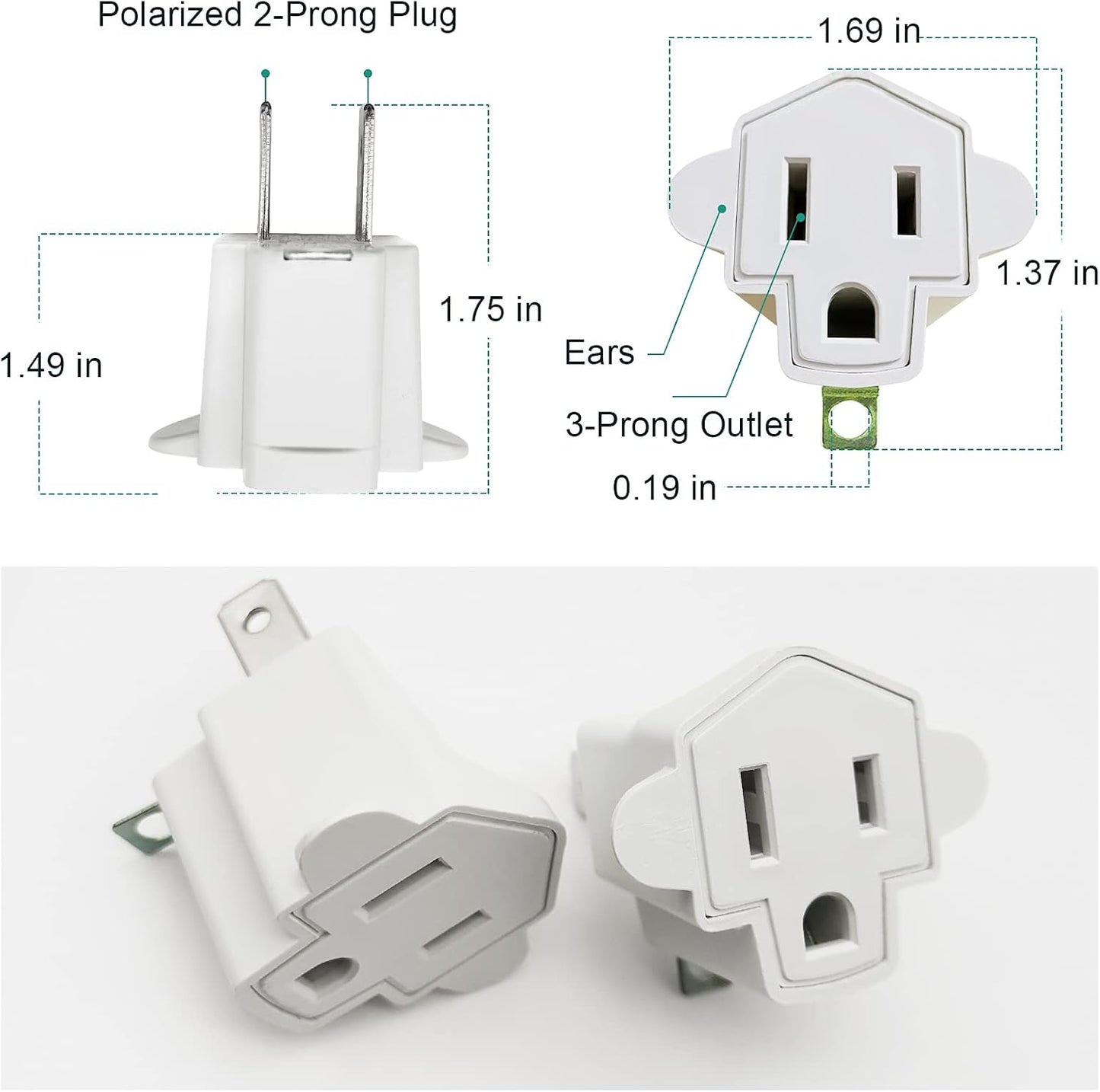 YOELVN 3 Prong to 2 Prong Adapter Converter, Portable Fireproof Wall Outlet Plug, 2 Pack Ivory White - Household Three Prong Adapter Plug
