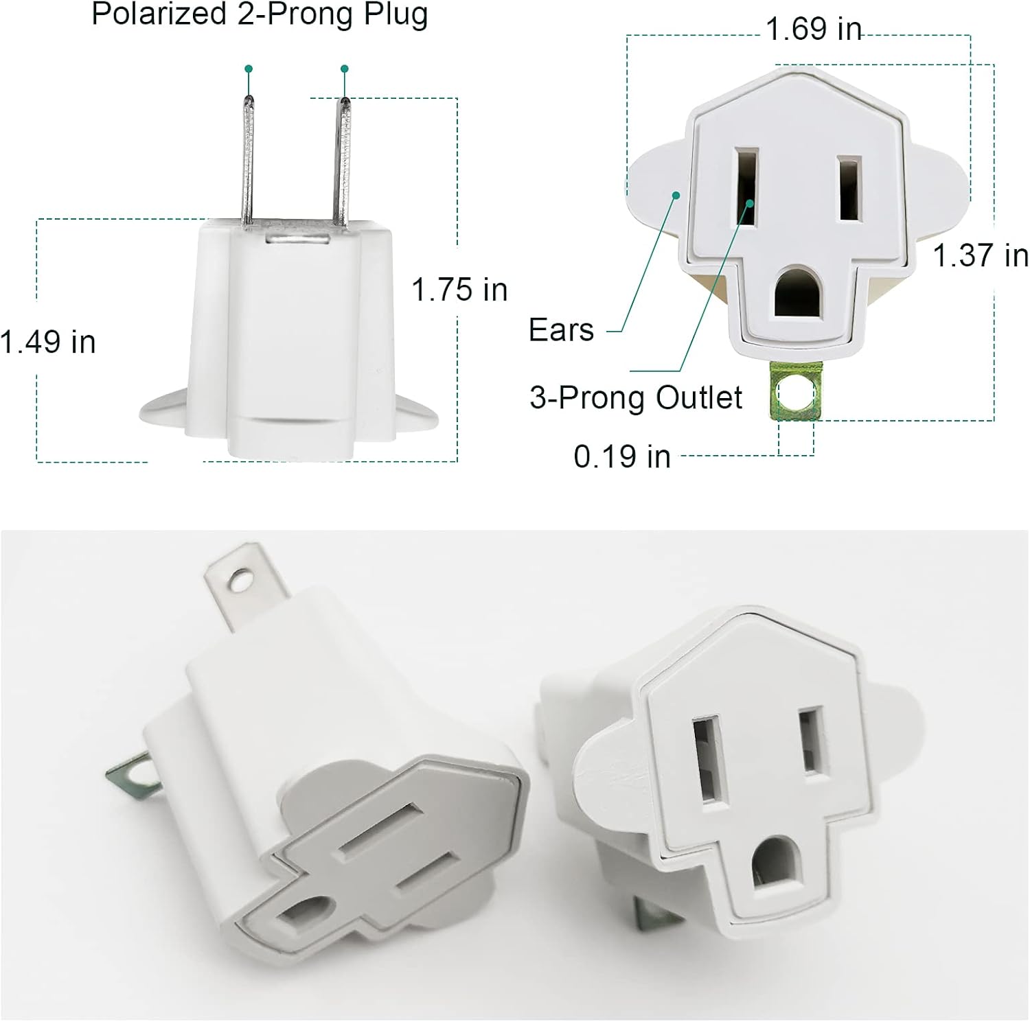 YOELVN 3 Prong to 2 Prong Adapter Converter, Portable Fireproof Wall Outlet Plug, 2 Pack Ivory White - Household Three Prong Adapter Plug