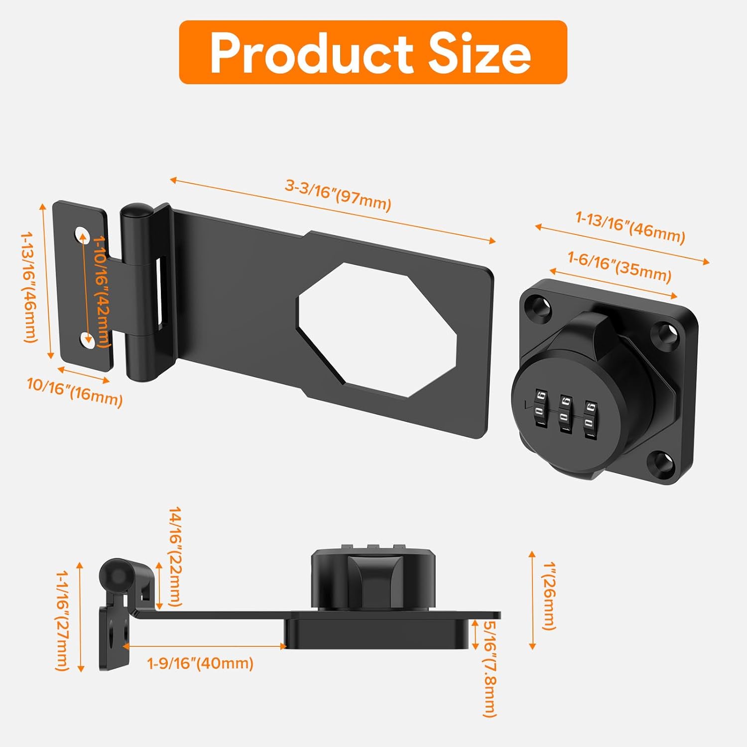 YogePote Combination Lock for Cabinets, Bi-Fold Doors, Fences, Gardens - Rotary Hasp Lock with 90 Degree Barn Door Latch (2 Pack, Black)